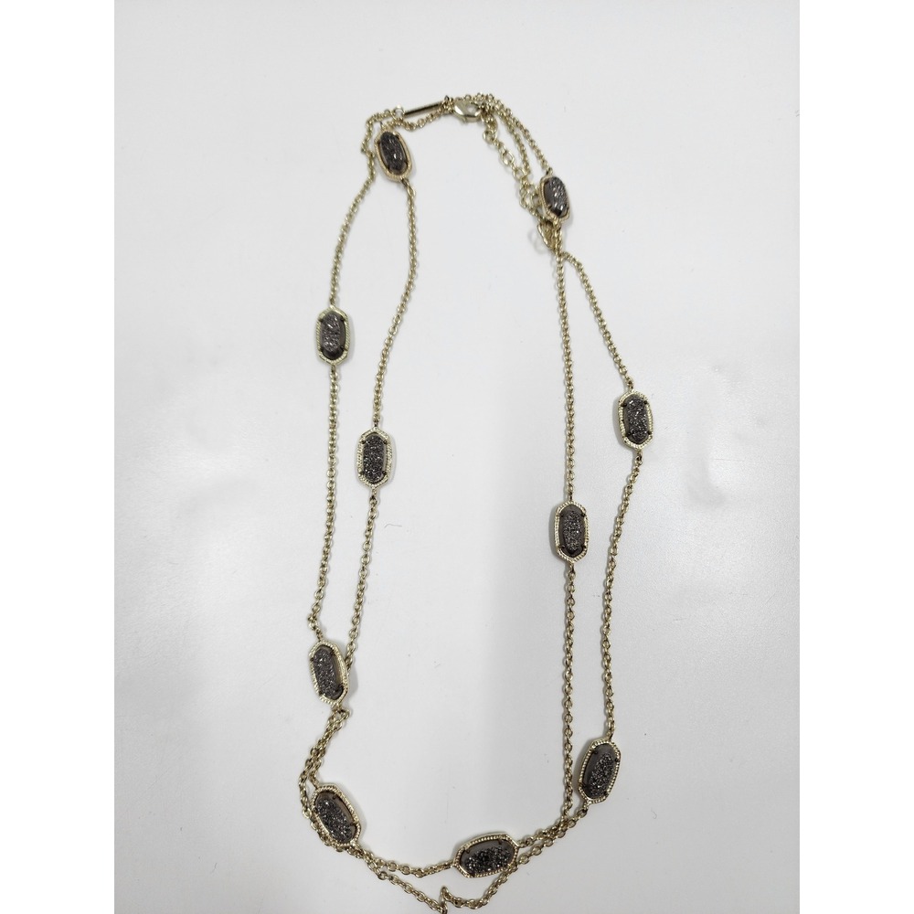 Kendra Scott Black Drusy Elisa Station Long Necklace Gold Tone Filigree - Picture 1 of 6